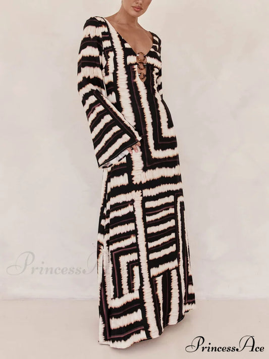 Bohemian Style Unique Printed Graceful V Tie Ring Maxi Dress Black / S