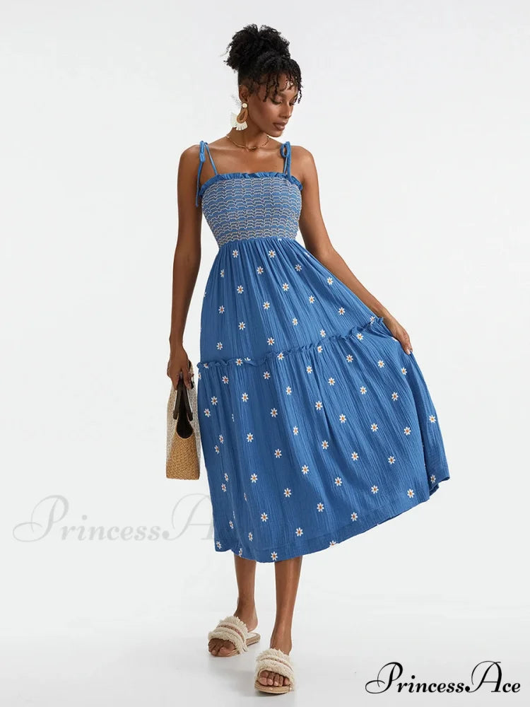 Bohemian Summer Bloom Embroidery Tie-Up Shoulder Shirred A-Line Beach Dress BLUE1 / S floraldress-250126