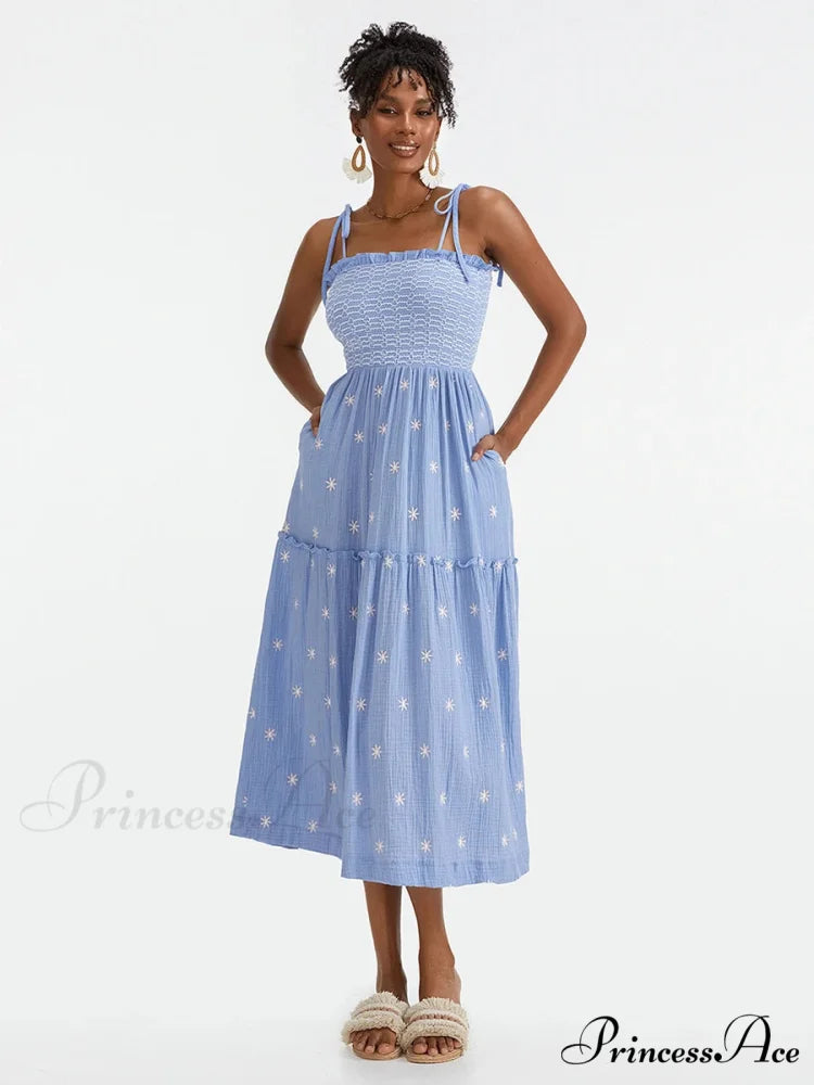 Bohemian Summer Bloom Embroidery Tie-Up Shoulder Shirred A-Line Beach Dress BLUE2 / S floraldress-250126