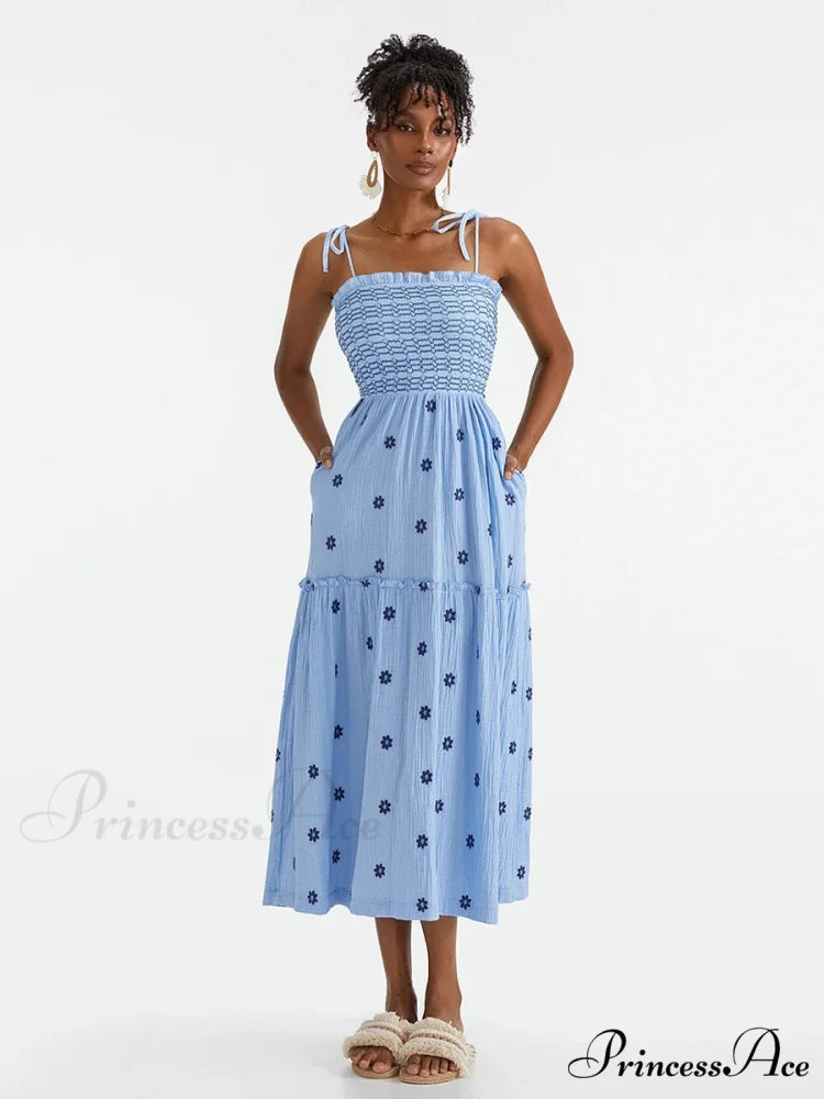 Bohemian Summer Bloom Embroidery Tie-Up Shoulder Shirred A-Line Beach Dress BLUE3 / S floraldress-250126