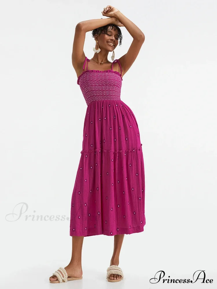 Bohemian Summer Bloom Embroidery Tie-Up Shoulder Shirred A-Line Beach Dress floraldress-250126