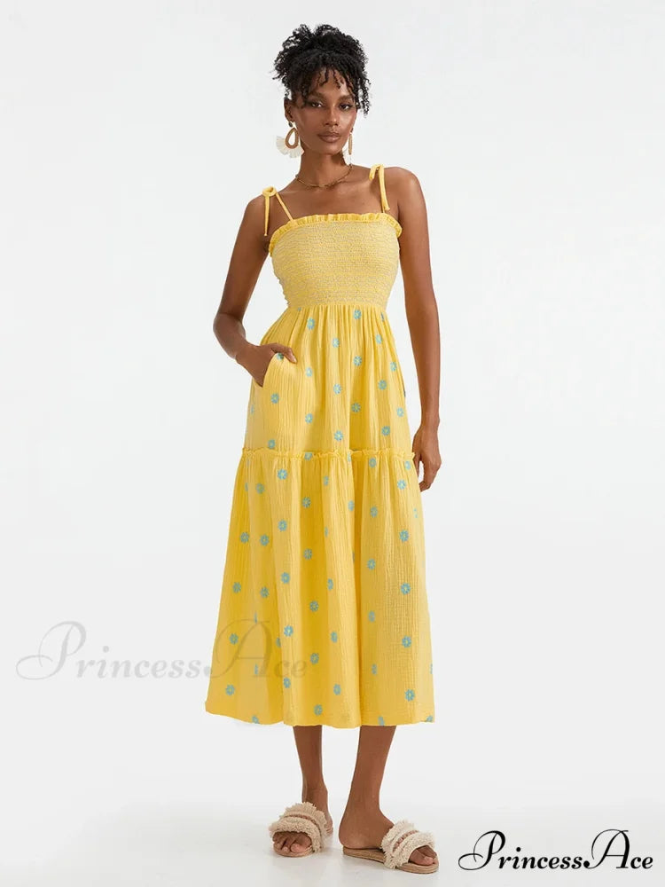 Bohemian Summer Bloom Embroidery Tie-Up Shoulder Shirred A-Line Beach Dress floraldress-250126