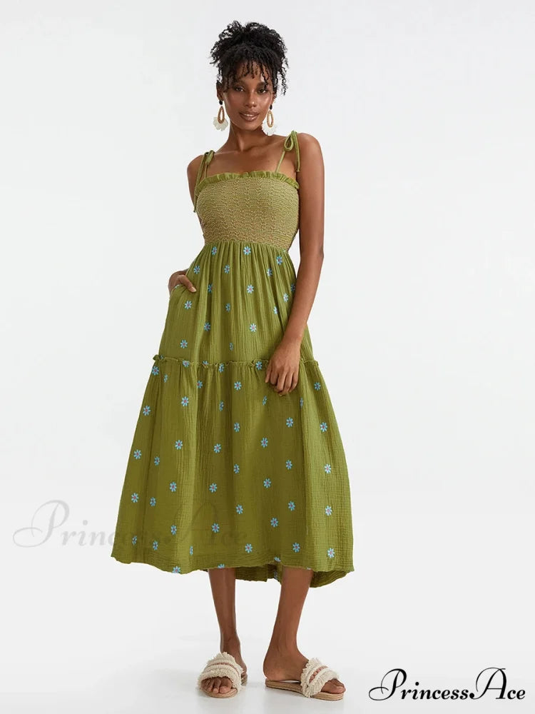 Bohemian Summer Bloom Embroidery Tie-Up Shoulder Shirred A-Line Beach Dress GREEN / S floraldress-250126