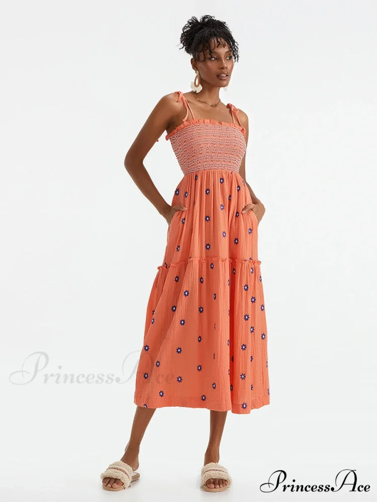 Bohemian Summer Bloom Embroidery Tie-Up Shoulder Shirred A-Line Beach Dress ORANGE / S floraldress-250126