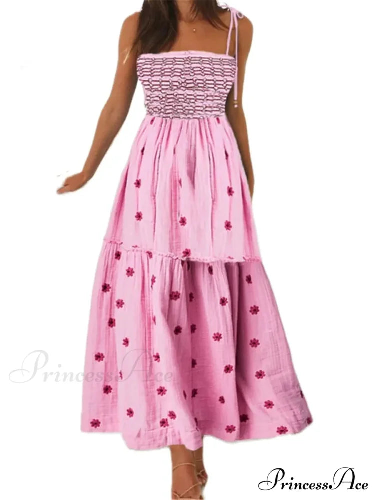 Bohemian Summer Bloom Embroidery Tie-Up Shoulder Shirred A-Line Beach Dress PINK2 / S floraldress-250126