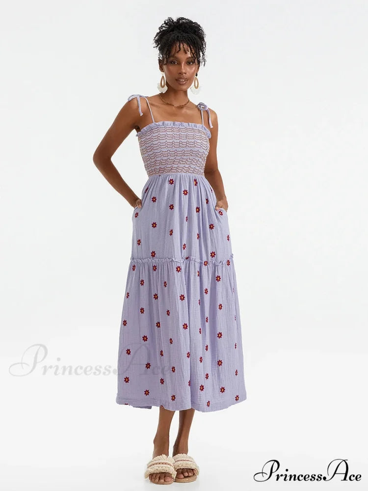 Bohemian Summer Bloom Embroidery Tie-Up Shoulder Shirred A-Line Beach Dress PURPLE / S floraldress-250126