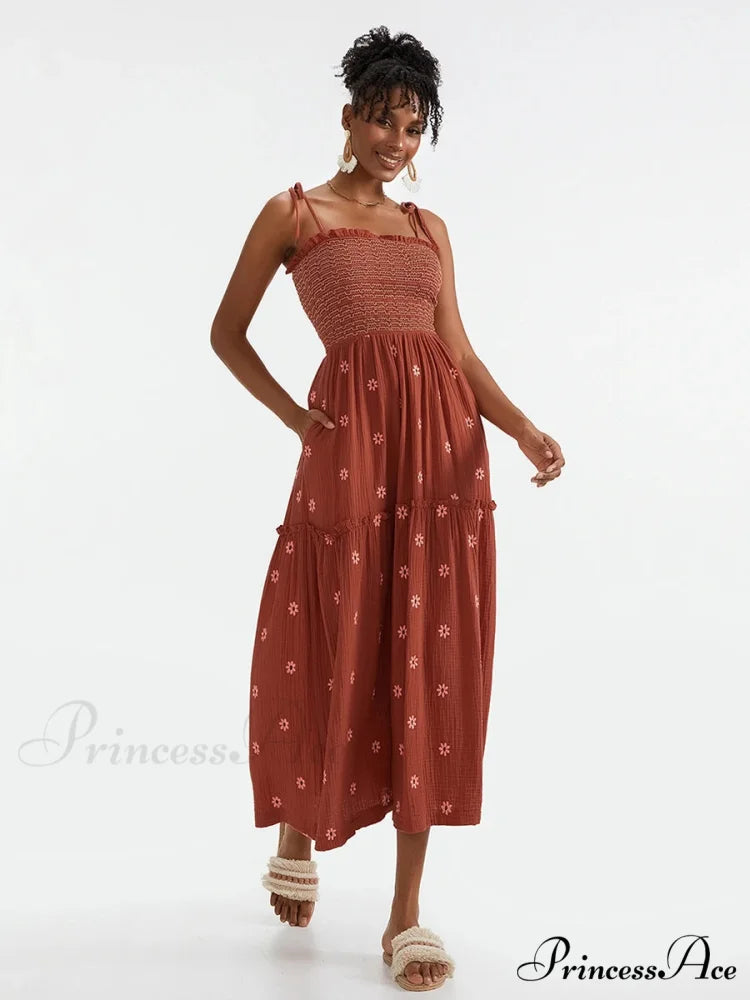 Bohemian Summer Bloom Embroidery Tie-Up Shoulder Shirred A-Line Beach Dress RED1 / S floraldress-250126