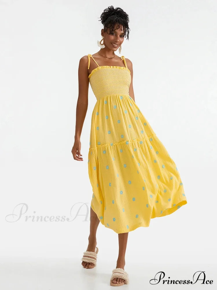 Bohemian Summer Bloom Embroidery Tie-Up Shoulder Shirred A-Line Beach Dress YELLOW / S floraldress-250126