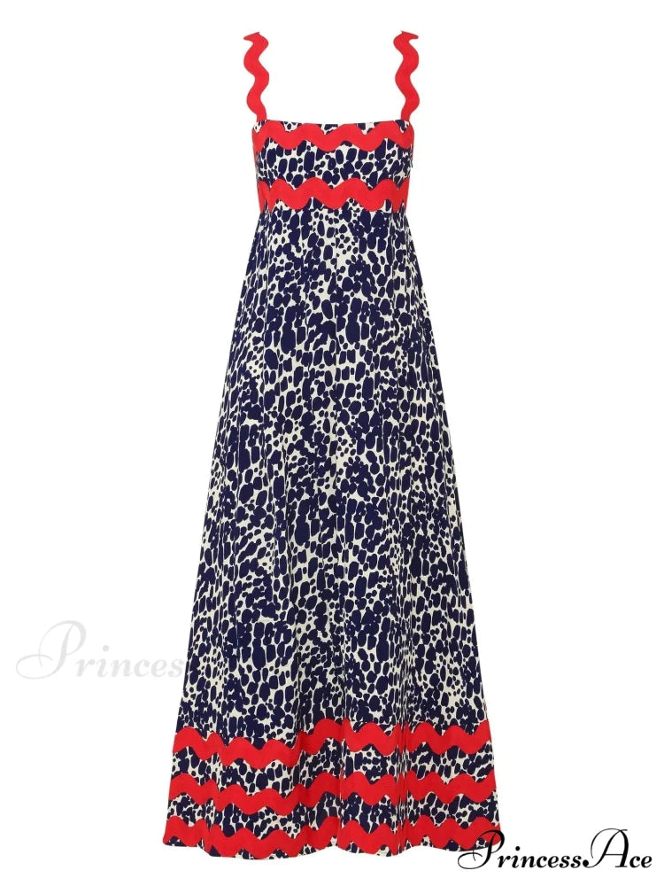 Bohemian Summer Printed A-Line Sexy Backless Spaghetti Strap Boho Dress Dark blue / S