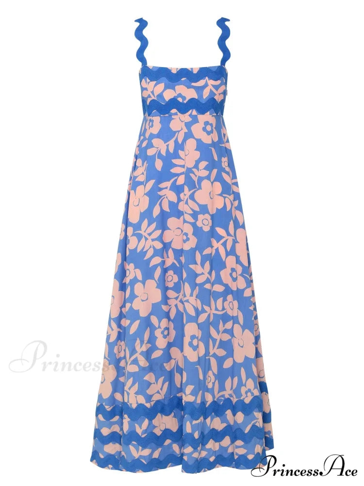 Bohemian Summer Printed A-Line Sexy Backless Spaghetti Strap Boho Dress Sky blue / S