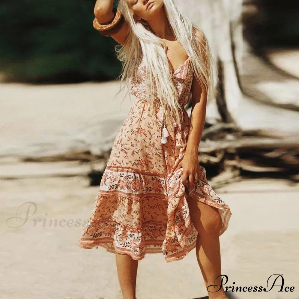 Bohemian Sundress Seductive Sleeveless Strap Rayon Floral Beach Dress bohodress-250126