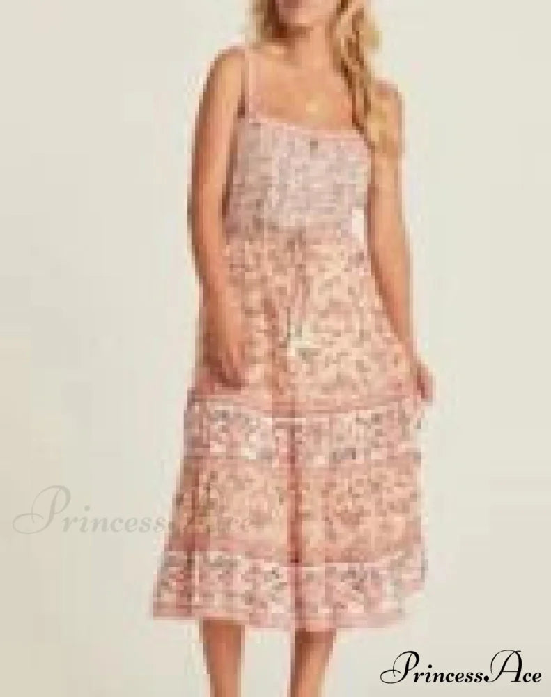 Bohemian Sundress Seductive Sleeveless Strap Rayon Floral Beach Dress Pink / S bohodress-250126