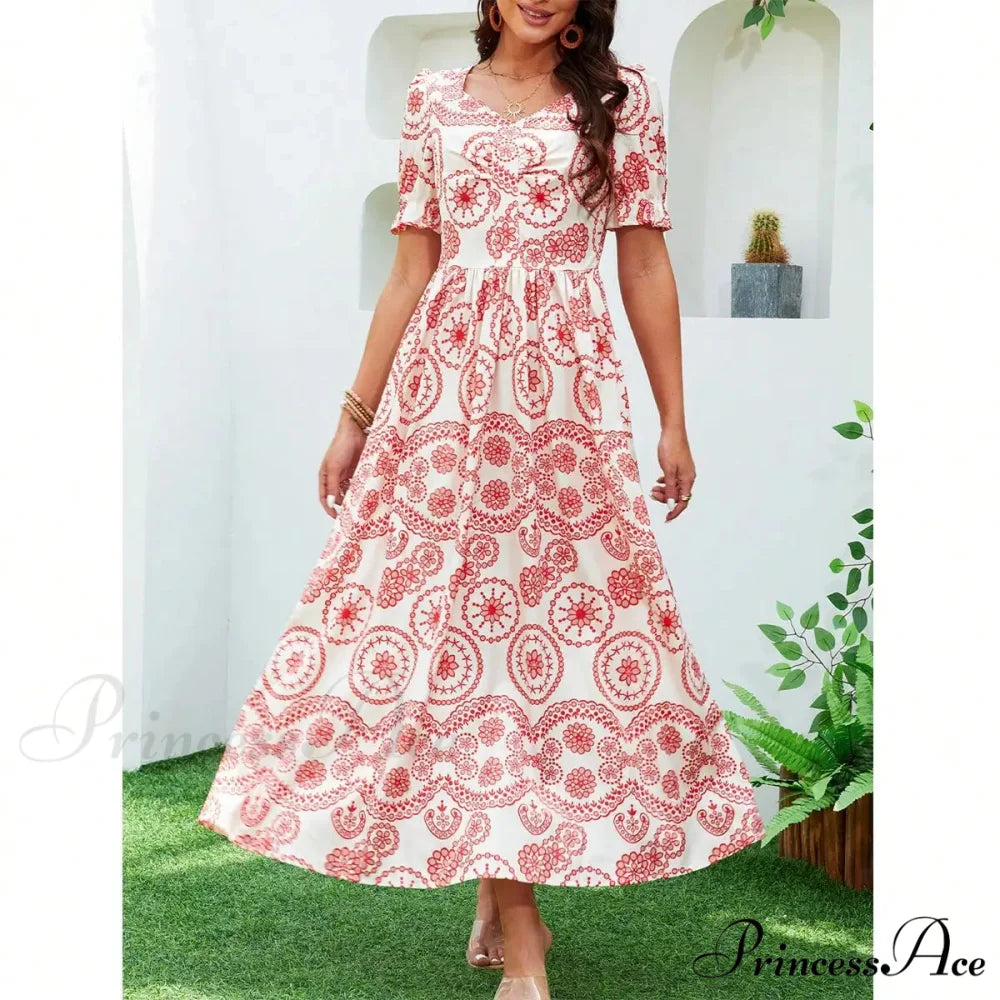 Bohemian Tall Waist Quadrilateral Neck Floral Dress oldfloraldress-250126