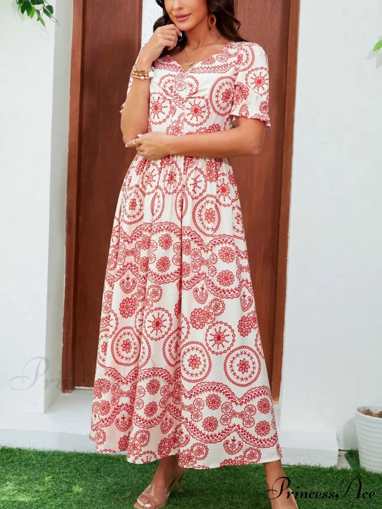 Bohemian Tall Waist Quadrilateral Neck Floral Dress oldfloraldress-250126