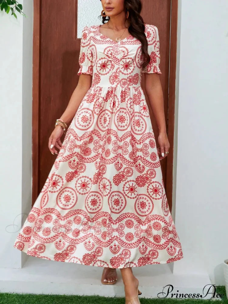 Bohemian Tall Waist Quadrilateral Neck Floral Dress oldfloraldress-250126