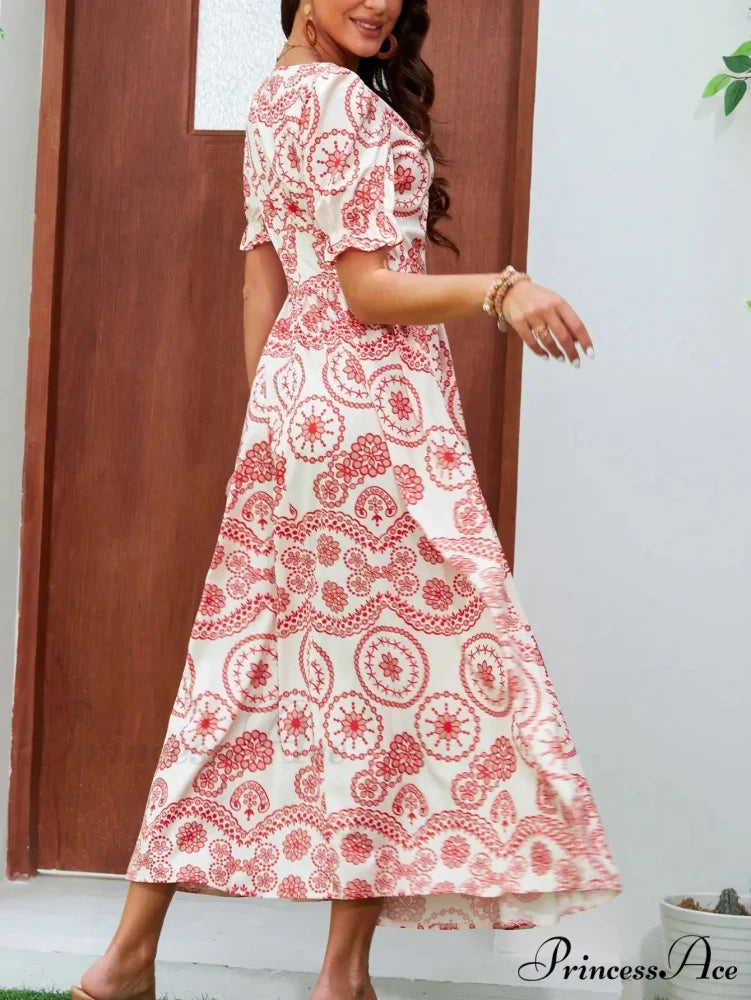 Bohemian Tall Waist Quadrilateral Neck Floral Dress oldfloraldress-250126