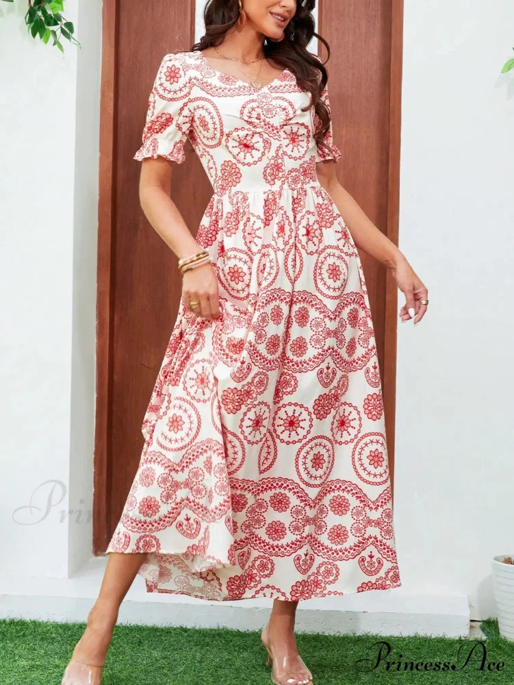 Bohemian Tall Waist Quadrilateral Neck Floral Dress oldfloraldress-250126