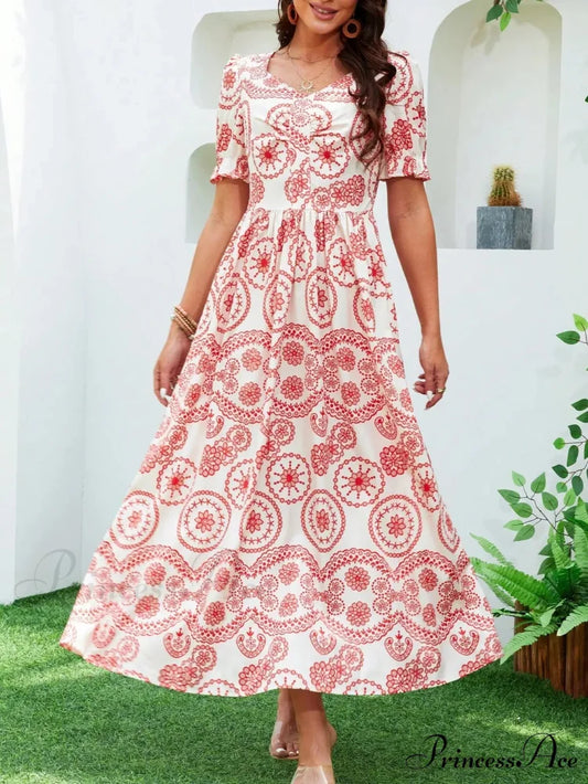 Bohemian Tall Waist Quadrilateral Neck Floral Dress white-red / S oldfloraldress-250126