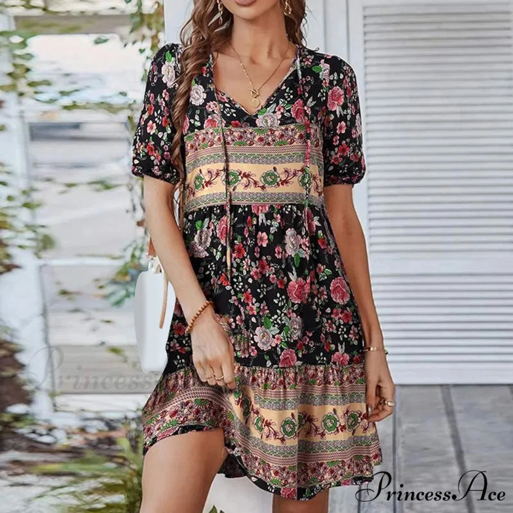 Bohemian Tie-up V Neck Floral Print Relaxed Dress Black / M oldfloraldress-250126
