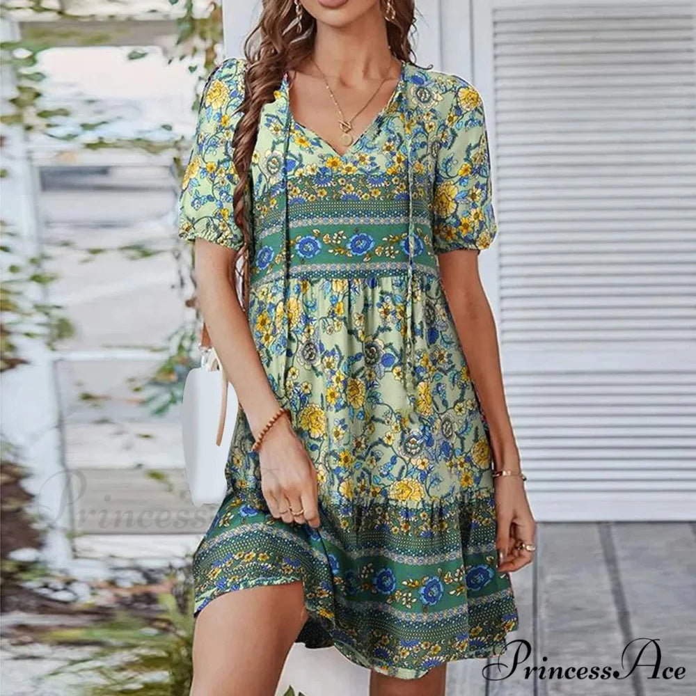 Bohemian Tie-up V Neck Floral Print Relaxed Dress Green / M oldfloraldress-250126