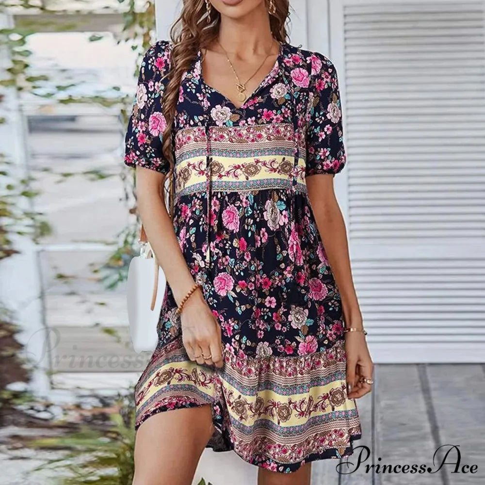 Bohemian Tie-up V Neck Floral Print Relaxed Dress Navy / M oldfloraldress-250126