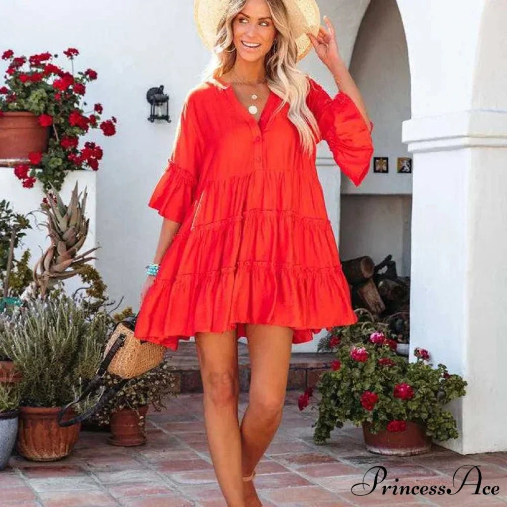Bohemian Tunic Beach Attire Relaxed Cover-Up for Women Retro V-neck Mini Summer Dress bohodress-250126