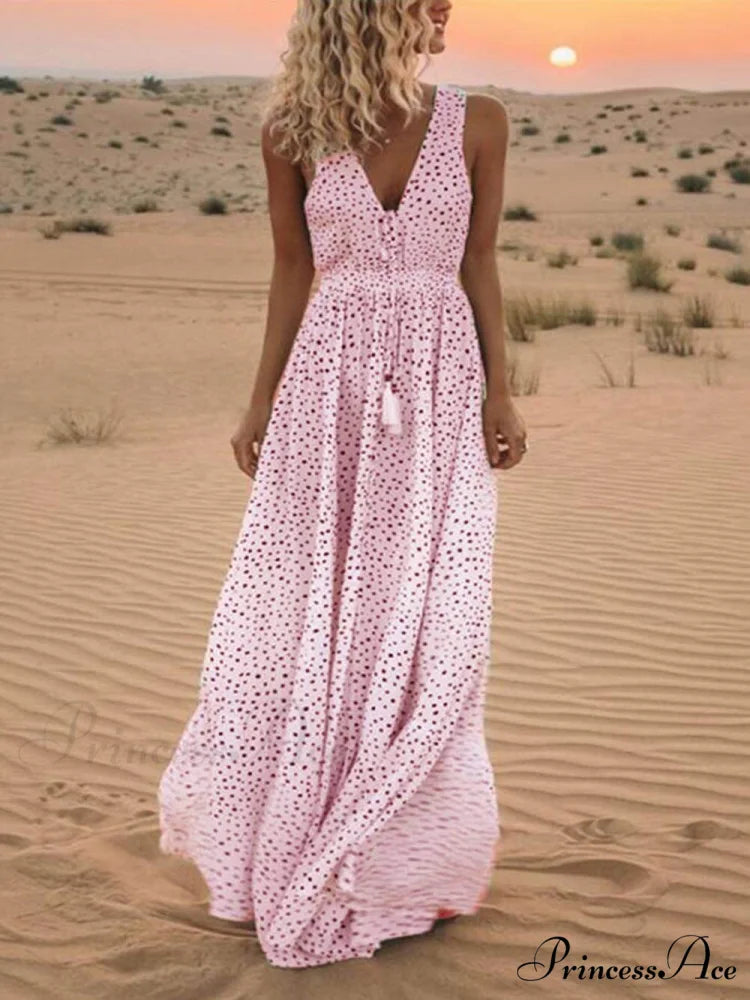 Bohemian V-Neck Sleeveless Charming Polka-Dot Maxi Skirt Pink / S
