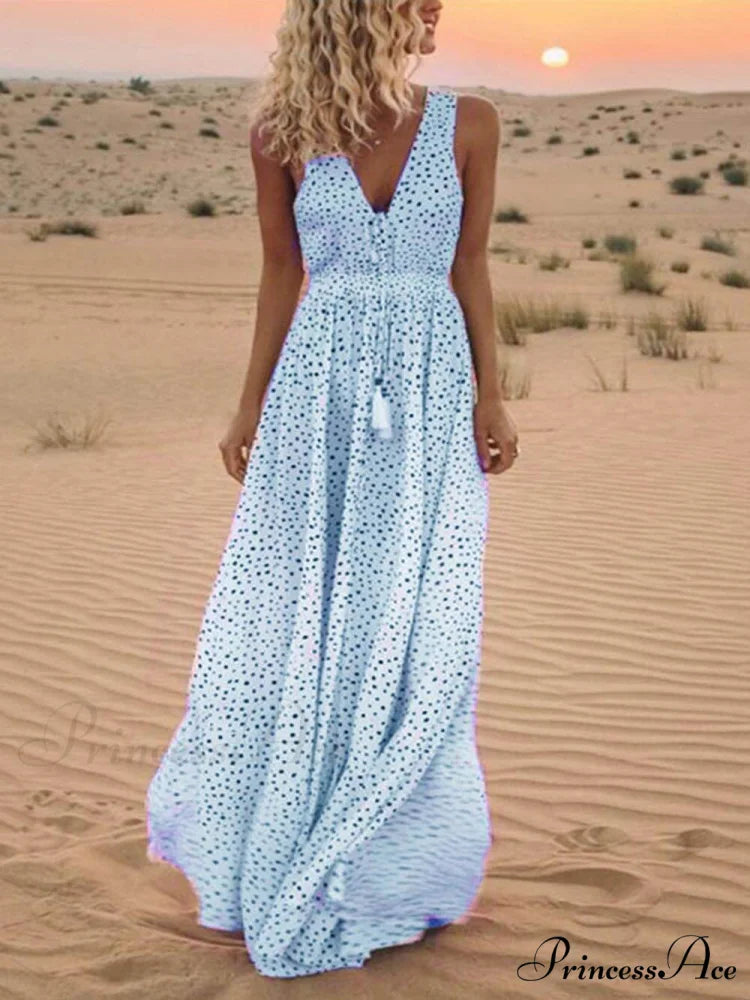 Bohemian V-Neck Sleeveless Charming Polka-Dot Maxi Skirt Sky Blue / S