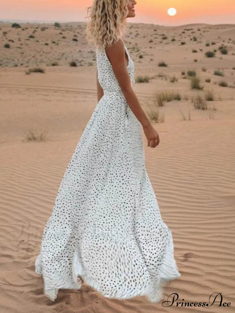 Bohemian V-Neck Sleeveless Charming Polka-Dot Maxi Skirt White / S