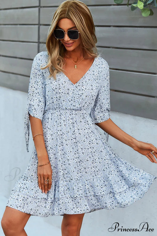 Bohemian V Neck Trendy Knoe Sleeve Mini Dress S / LightCyan