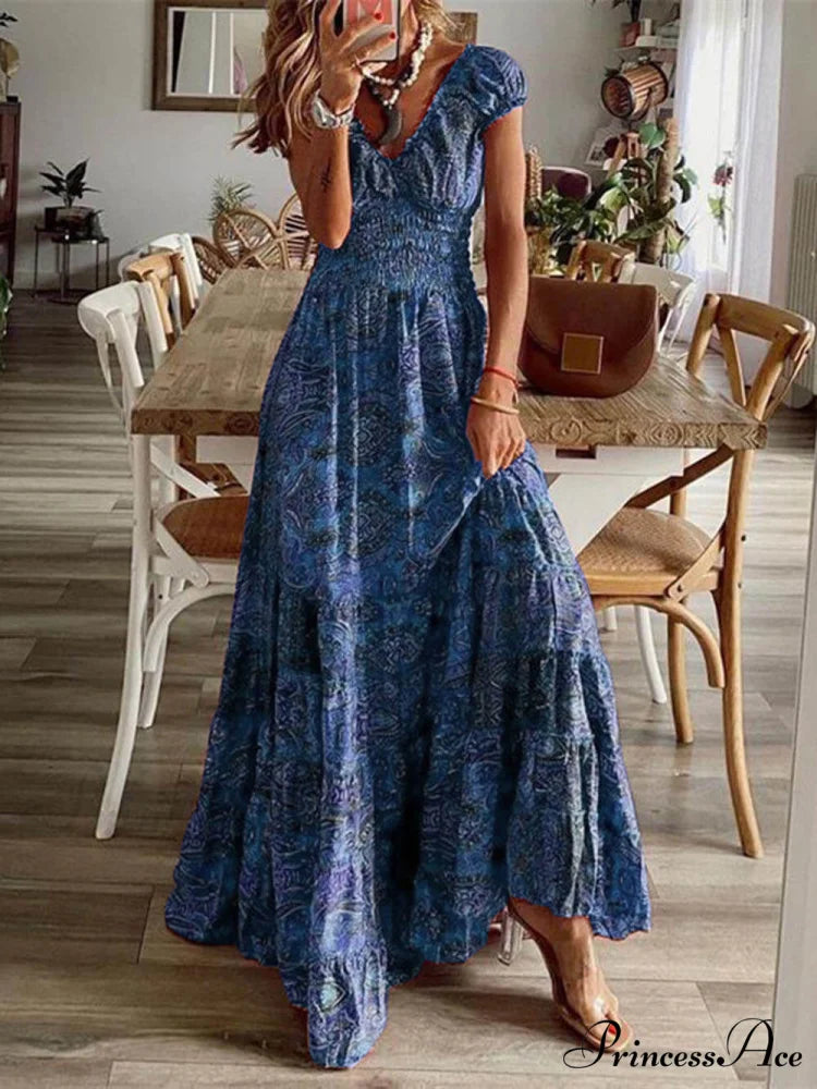 Bohemian Waisted Stylish Floral Print Dress Blue / S