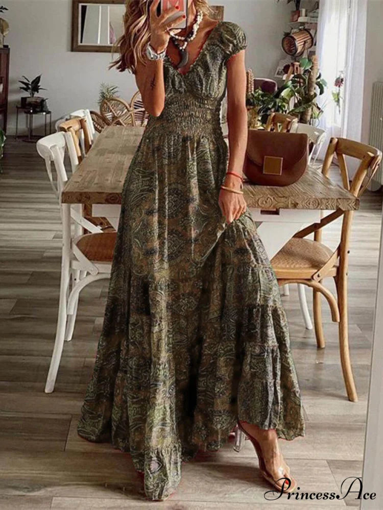Bohemian Waisted Stylish Floral Print Dress Brown / S