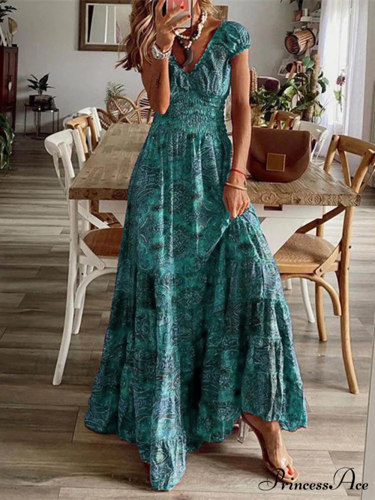 Bohemian Waisted Stylish Floral Print Dress Green / S