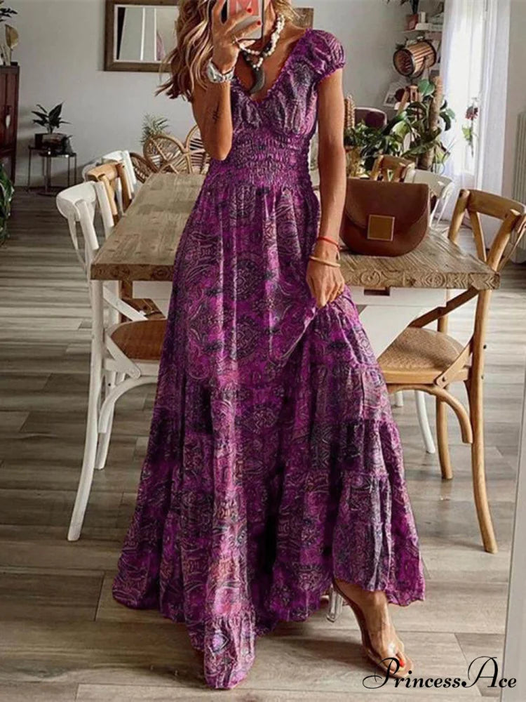 Bohemian Waisted Stylish Floral Print Dress Purple / S