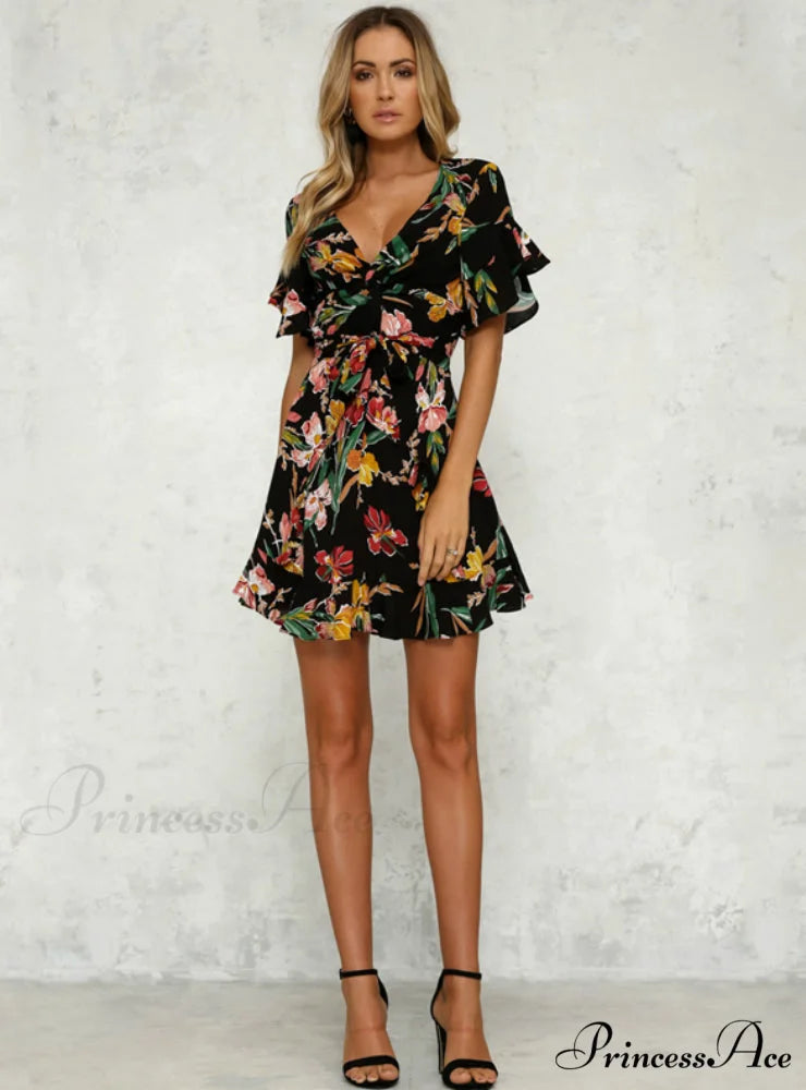 Bohemian with Design V-Neck Hem Flower Gown and Deep Black Folds