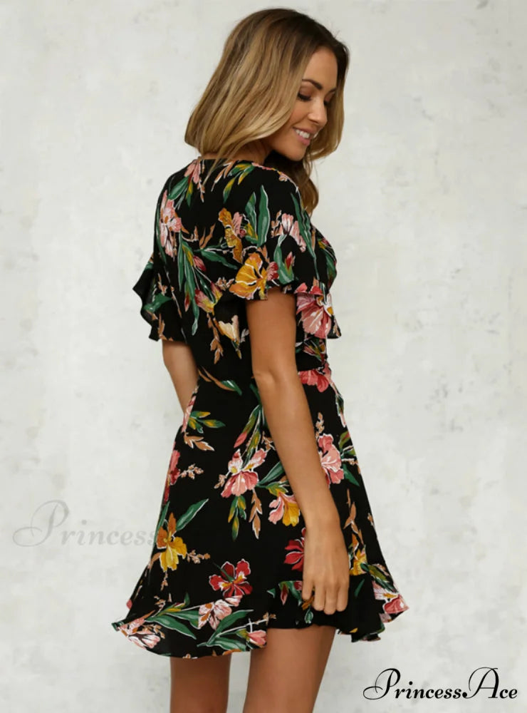 Bohemian with Design V-Neck Hem Flower Gown and Deep Black Folds