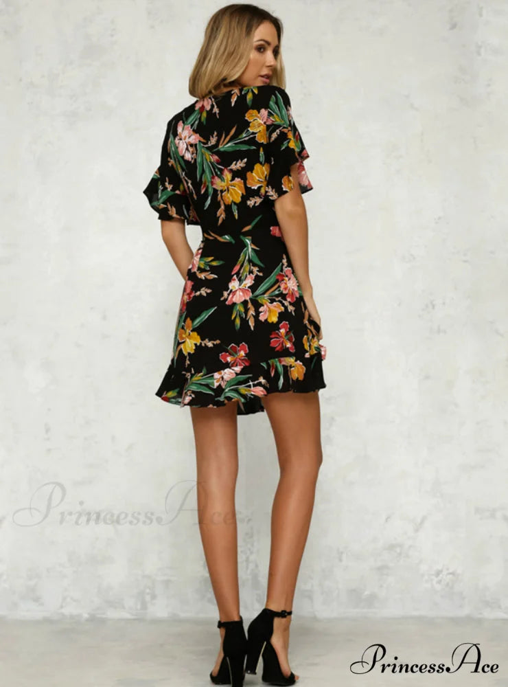 Bohemian with Design V-Neck Hem Flower Gown and Deep Black Folds