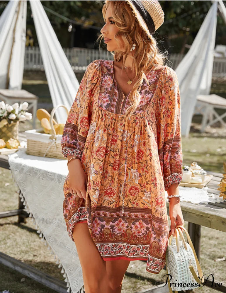 Boho Beach Dress Female Vintage Dress Printed Mini Casual 3/4 Sleeve Loose Elegant L / ORANGE