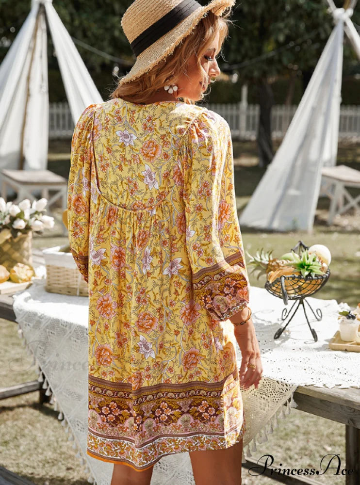Boho Beach Dress Female Vintage Dress Printed Mini Casual 3/4 Sleeve Loose Elegant L / YELLOW