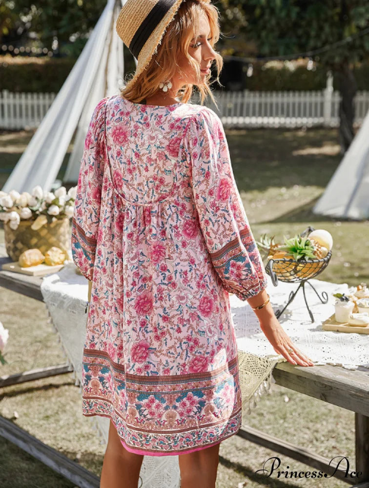Boho Beach Dress Female Vintage Dress Printed Mini Casual 3/4 Sleeve Loose Elegant M / BLUE