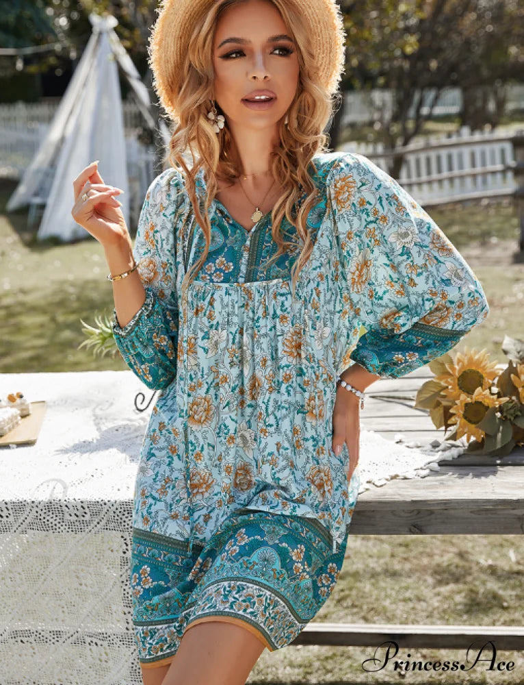 Boho Beach Dress Female Vintage Dress Printed Mini Casual 3/4 Sleeve Loose Elegant M / ORANGE