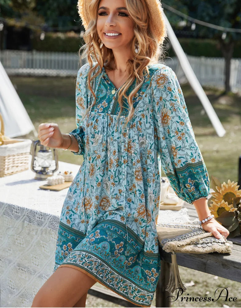 Boho Beach Dress Female Vintage Dress Printed Mini Casual 3/4 Sleeve Loose Elegant M / YELLOW