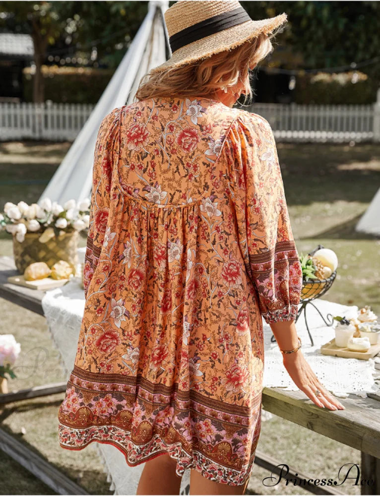 Boho Beach Dress Female Vintage Dress Printed Mini Casual 3/4 Sleeve Loose Elegant XL / GREE