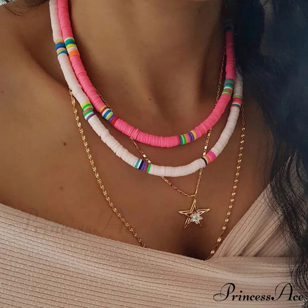 Boho Beach Style Mixed Color Classic Bead Embellished Necklace - Blue One Size / Pink