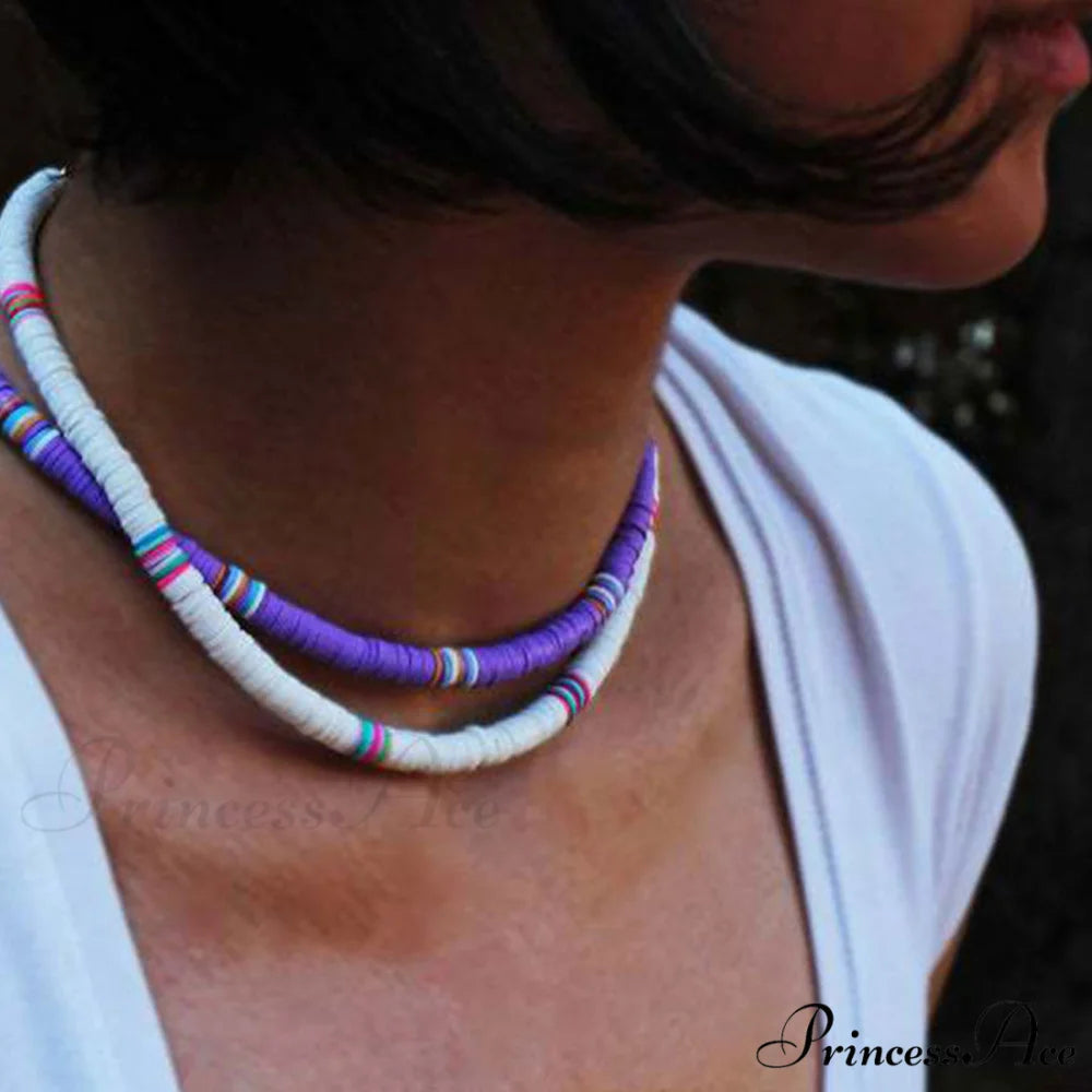 Boho Beach Style Mixed Color Classic Bead Embellished Necklace - Pink One Size / White