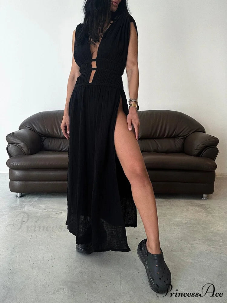 Boho Braids Belt Cutout Graceful Slit Kaftan Maxi Dress Black / S