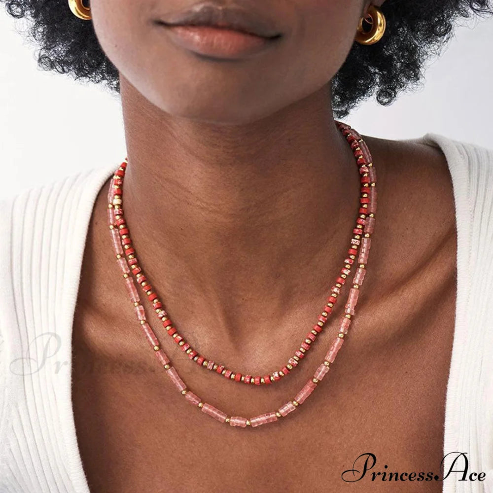 Boho Enamel Bead Embellished Modern Choker Necklace - Lake Green One Size / Red
