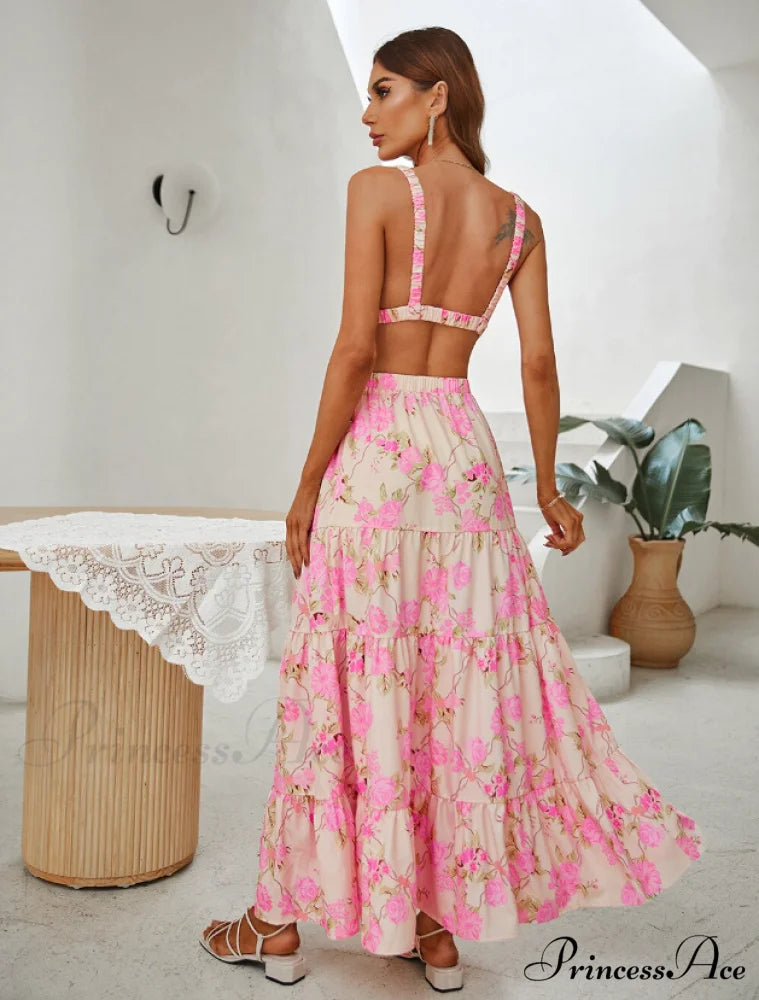 Boho Floral Print Skirt Set with V Neck Crop Top and High Waist Long Skirt for Summer