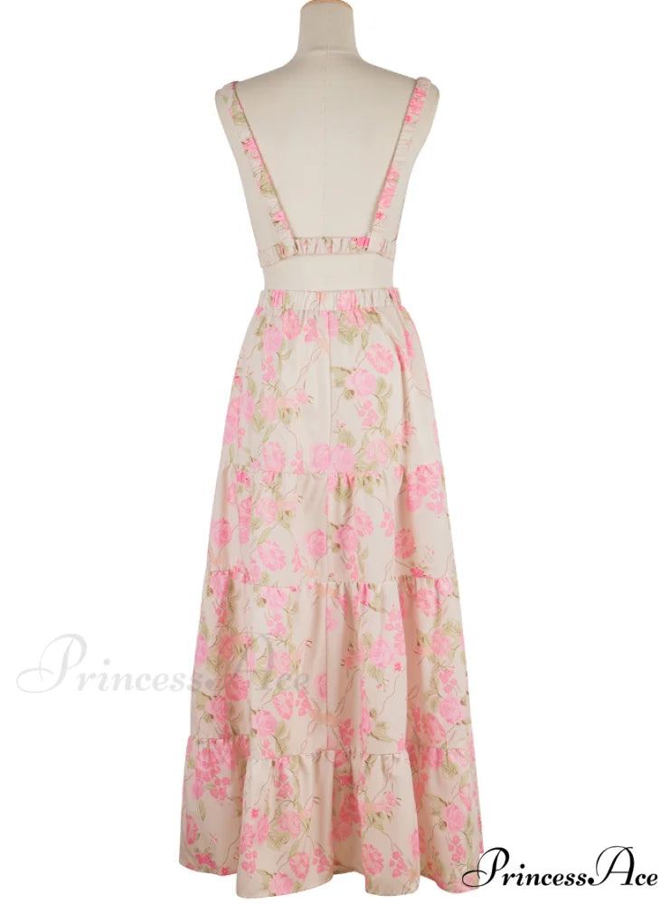 Boho Floral Print Skirt Set with V Neck Crop Top and High Waist Long Skirt for Summer