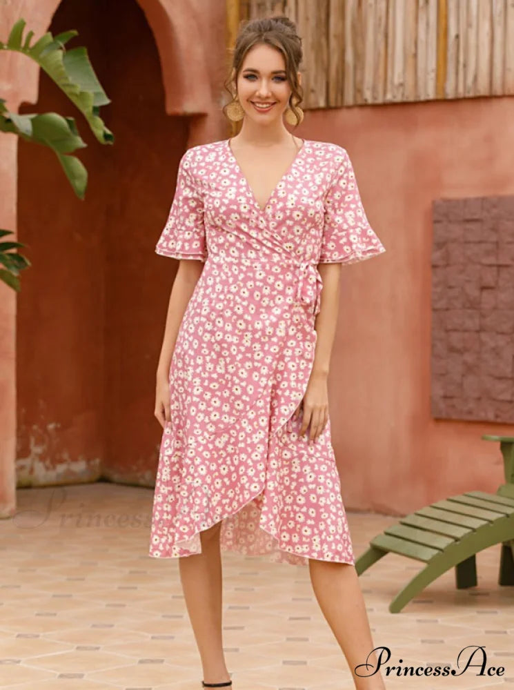 Boho Floral Print Vintage Midi Dress with Ruffle Sleeves for Women M / GREEN